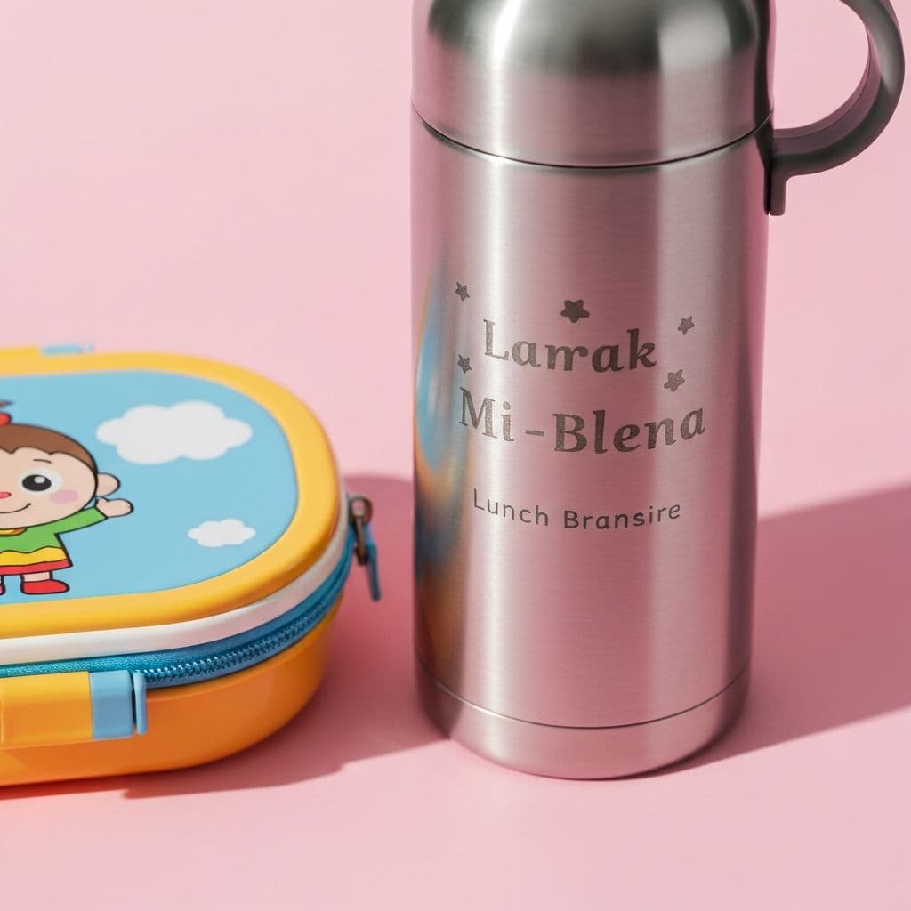 Close up of personalised engraved kids water bottle and lunch box