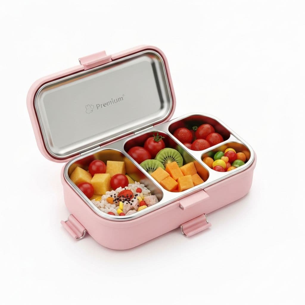 Personalised stainless steel bento lunch box for kids on a pastel background